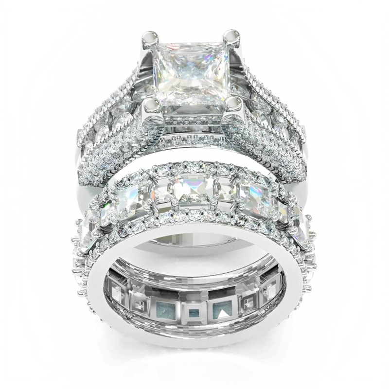 Classic Princess Cut Engagement Ring Set Silver With Street Luxury Shine - Image 5