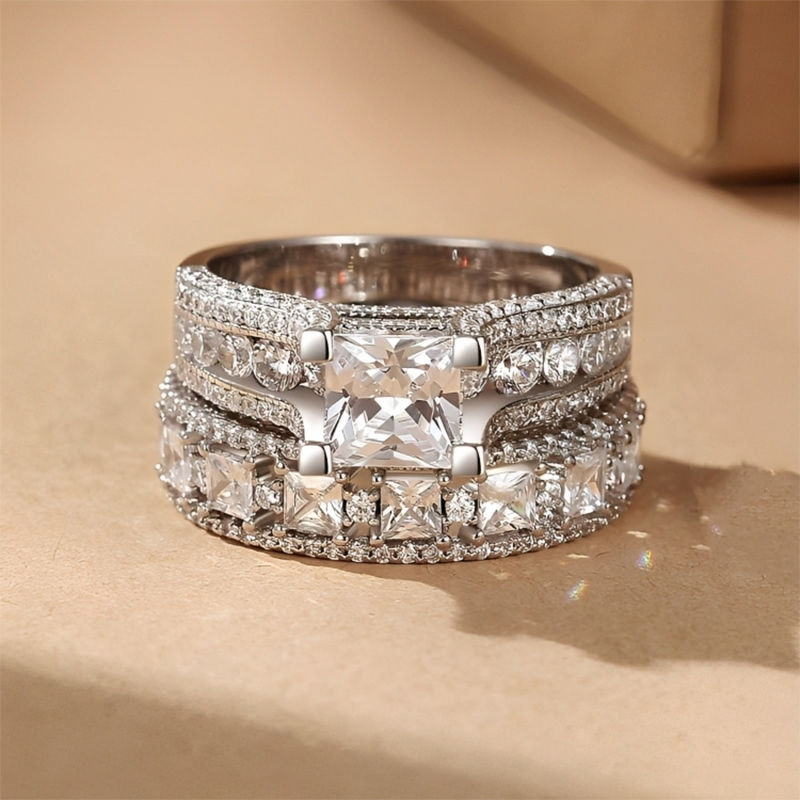 Classic Princess Cut Engagement Ring Set Silver With Street Luxury Shine