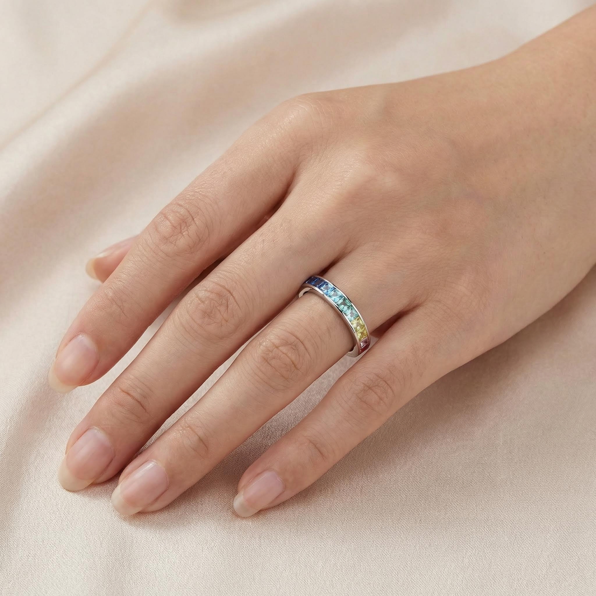 Eternity Rainbow Princess Cut Ring In 925 Sterling Silver With Silver Shine - Image 6