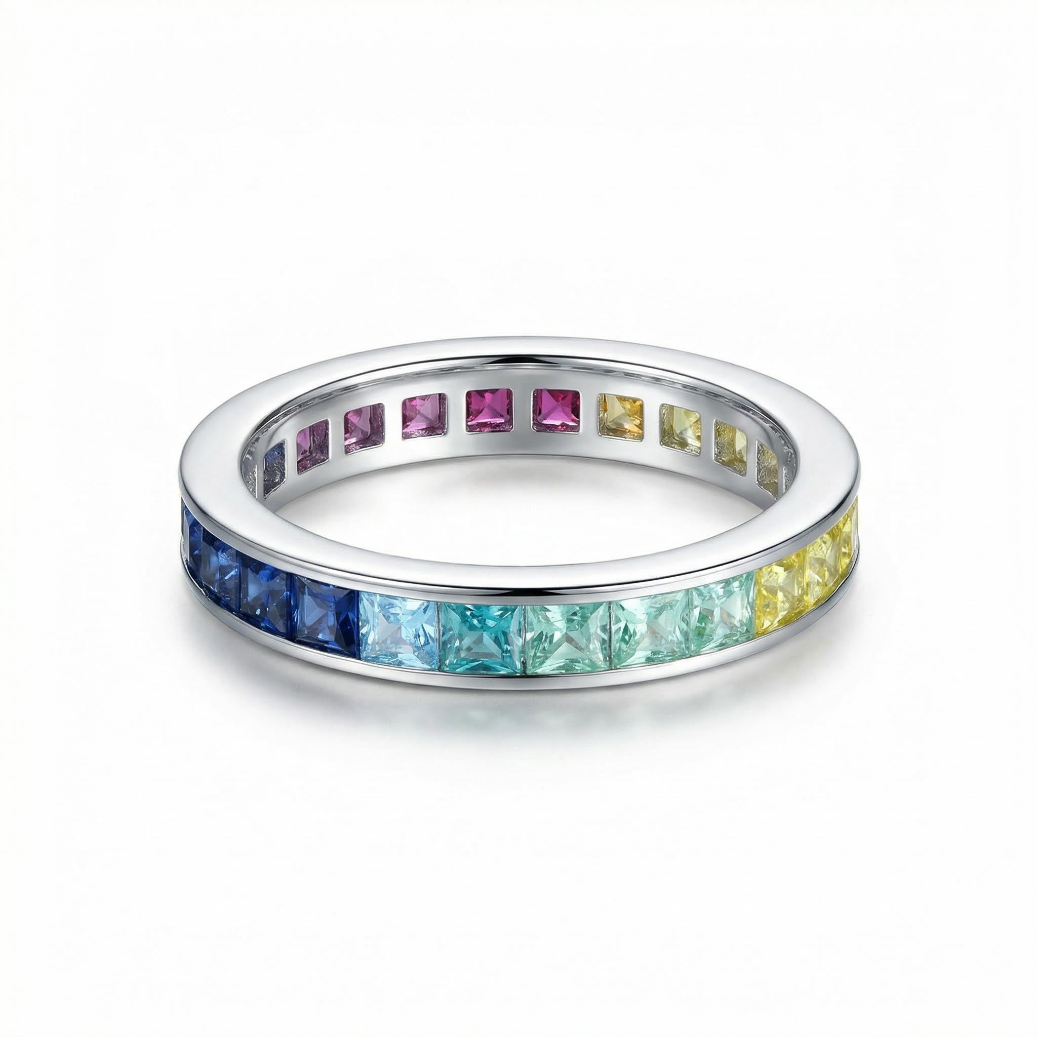 Eternity Rainbow Princess Cut Ring In 925 Sterling Silver With Silver Shine