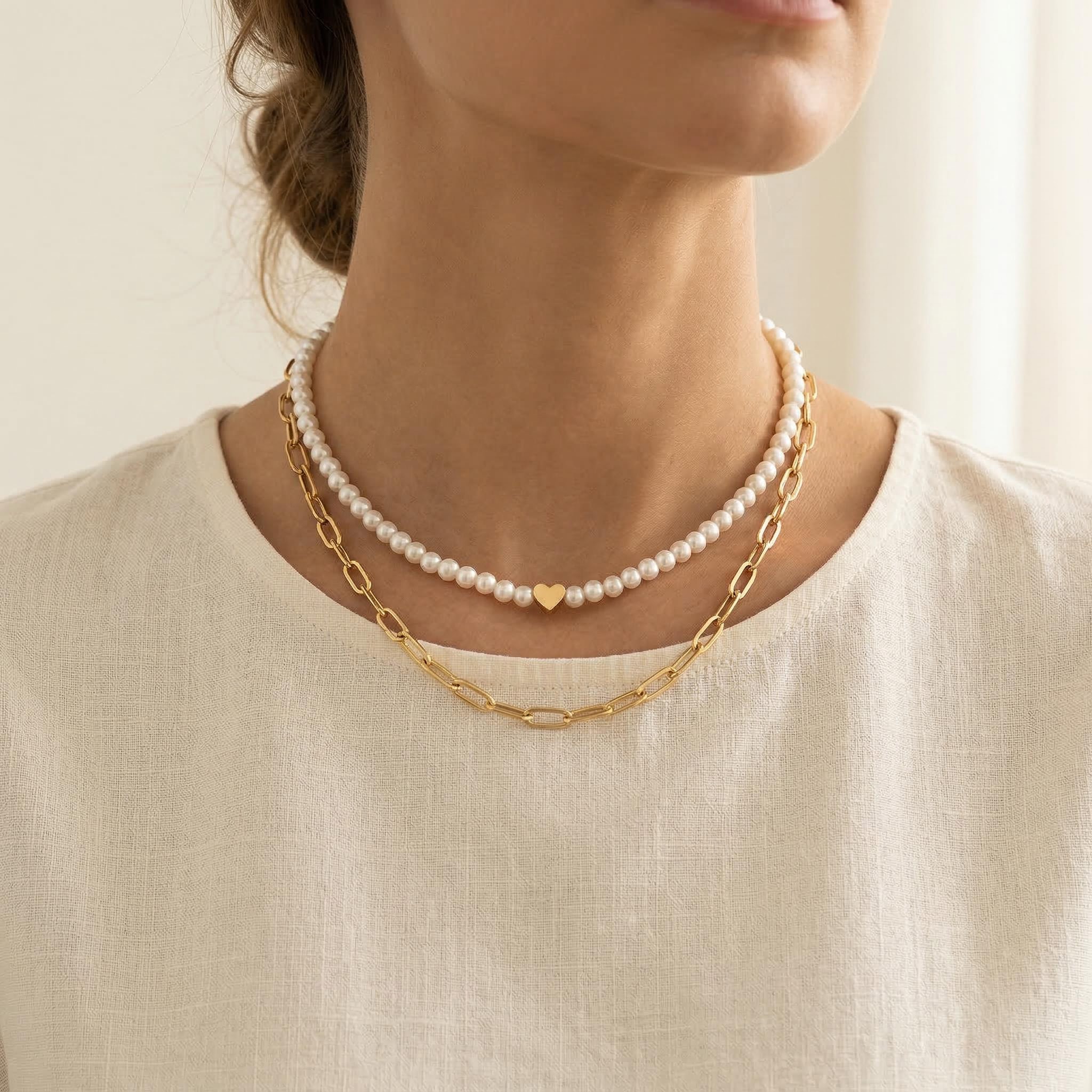 2pcs Heart Pearl & Rectangle Link Chain Layered Necklace Gold - Image 3