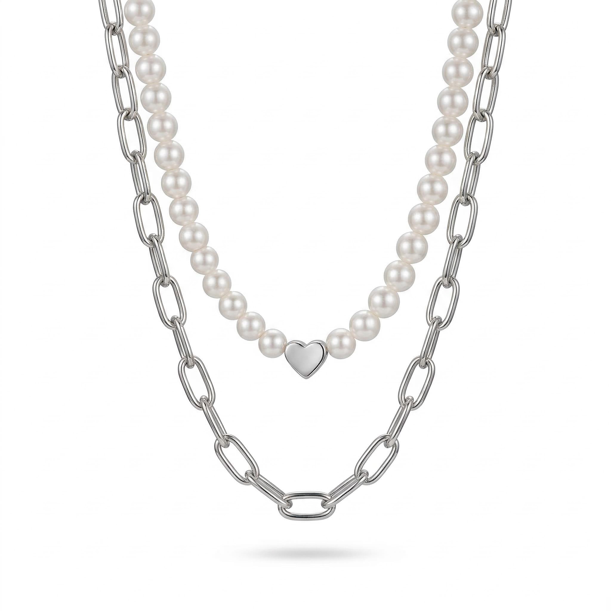 2pcs Heart Pearl & Rectangle Link Chain Layered Necklace Gold - Image 4