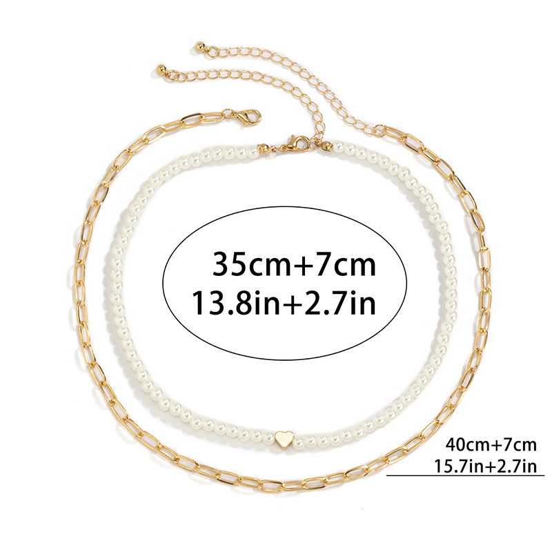 2pcs Heart Pearl & Rectangle Link Chain Layered Necklace Gold - Image 5
