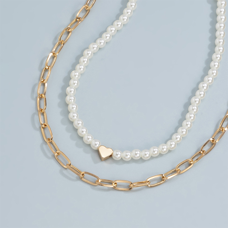 2pcs Heart Pearl & Rectangle Link Chain Layered Necklace Gold - Image 6