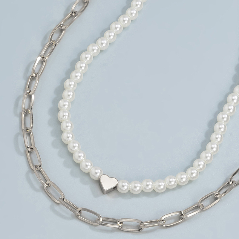 2pcs Heart Pearl & Rectangle Link Chain Layered Necklace Gold - Image 7