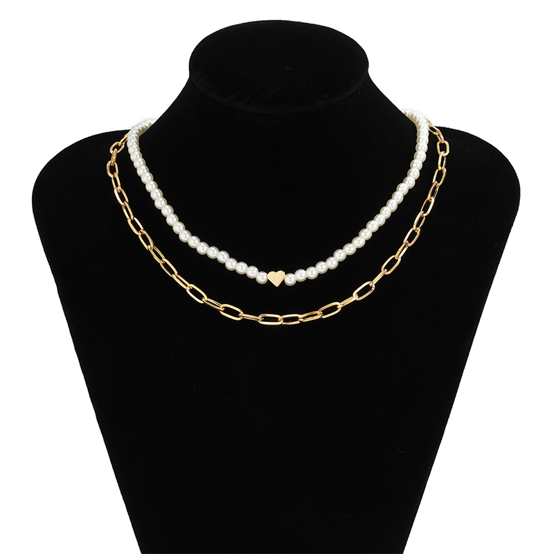 2pcs Heart Pearl & Rectangle Link Chain Layered Necklace Gold - Image 8