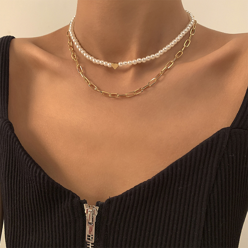 2pcs Heart Pearl & Rectangle Link Chain Layered Necklace Gold - Image 9