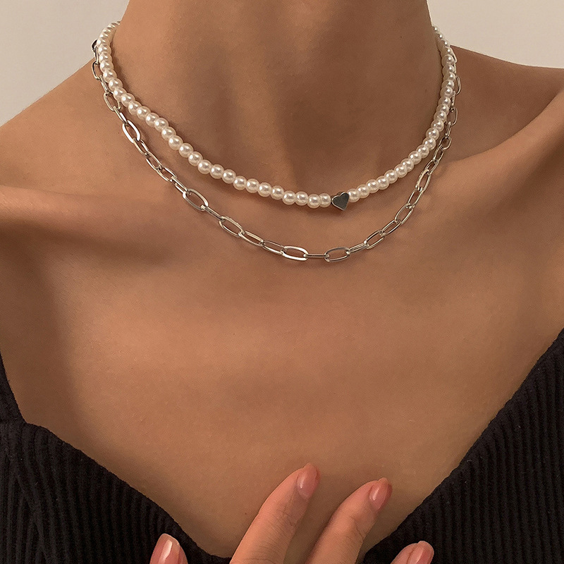 2pcs Heart Pearl & Rectangle Link Chain Layered Necklace Gold - Image 10