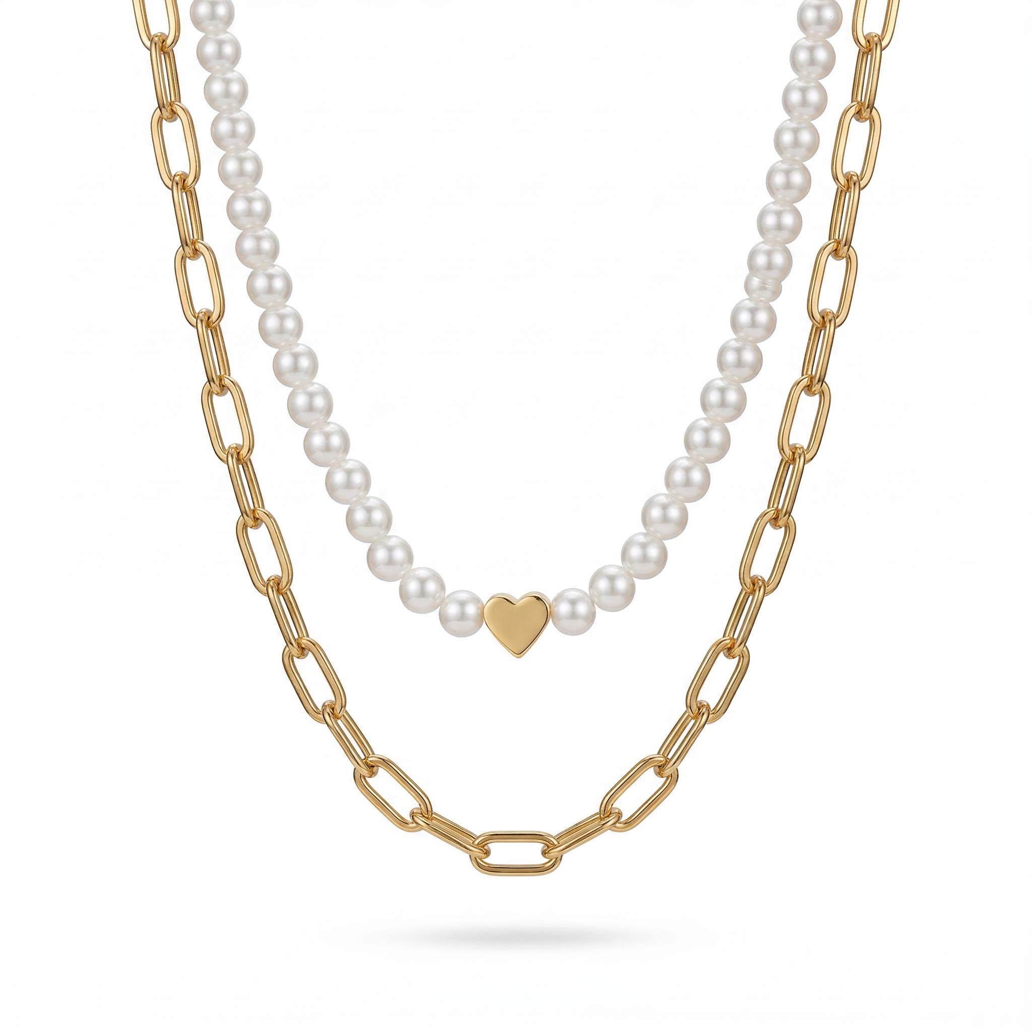 2pcs Heart Pearl & Rectangle Link Chain Layered Necklace Gold