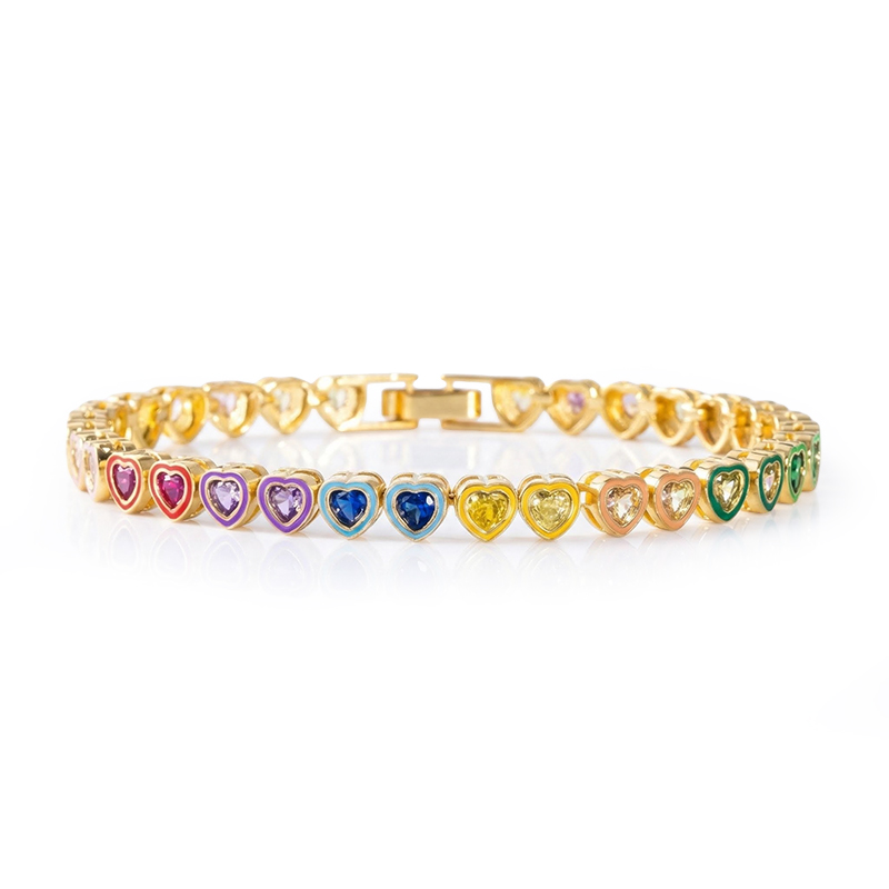 4mm Rainbow Heart-shaped Tennis Bracelet In Gold With Iced Out Shine