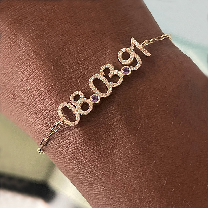 Diamond Date Birthstone Bracelet With Paperclip Chain Iced Out - Image 3