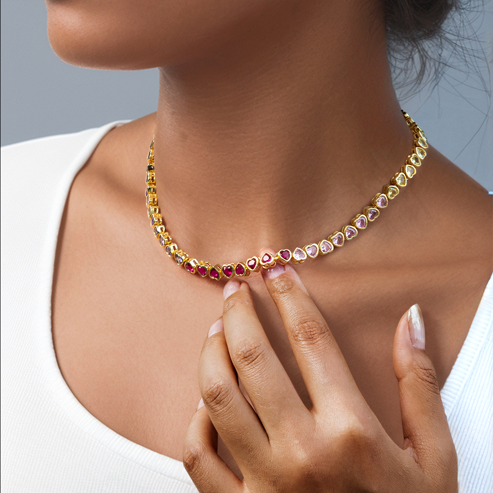 6mm Rainbow Upside Down Heart Tennis Chain In Gold With Iced Out Shine - Image 3