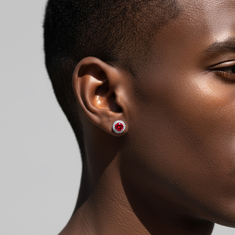 Moissanite Round Cut Magnetic Non-piercing Garnet Stud Earrings In S925 - Image 3