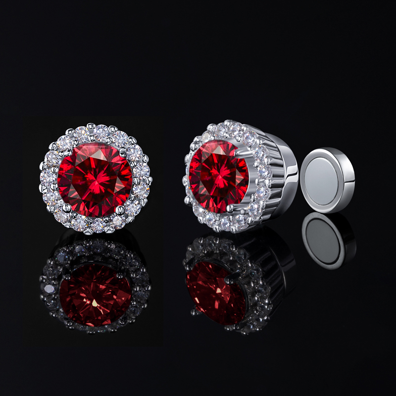 Moissanite Round Cut Magnetic Non-piercing Garnet Stud Earrings In S925