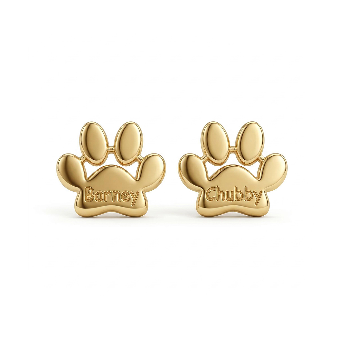 Engraved Paw Print Name Stud Earrings Silver With Street Luxury Shine - Image 3