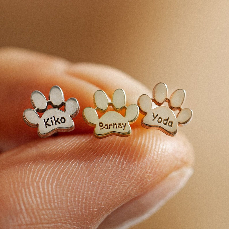 Engraved Paw Print Name Stud Earrings Silver With Street Luxury Shine - Image 7
