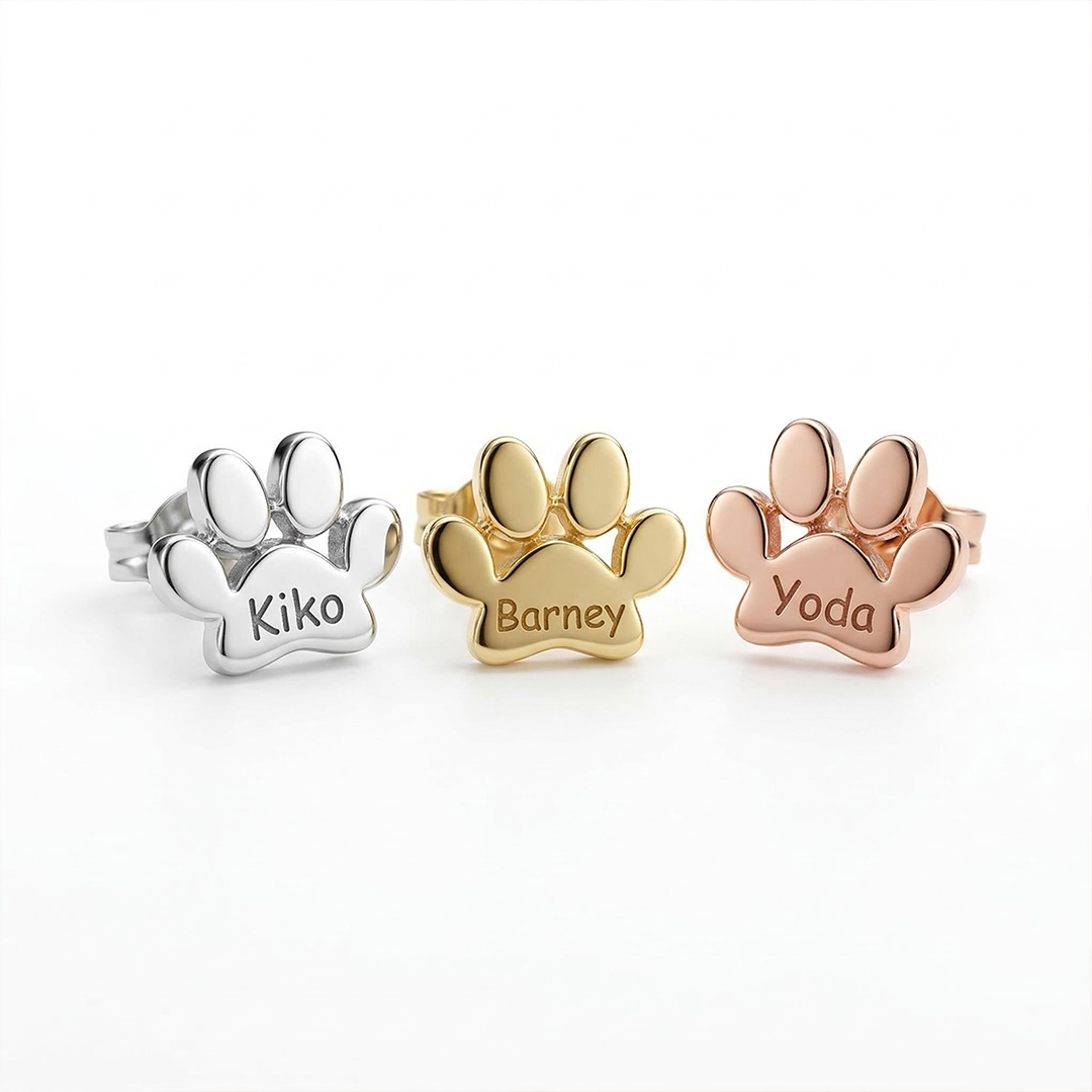 Engraved Paw Print Name Stud Earrings Silver With Street Luxury Shine