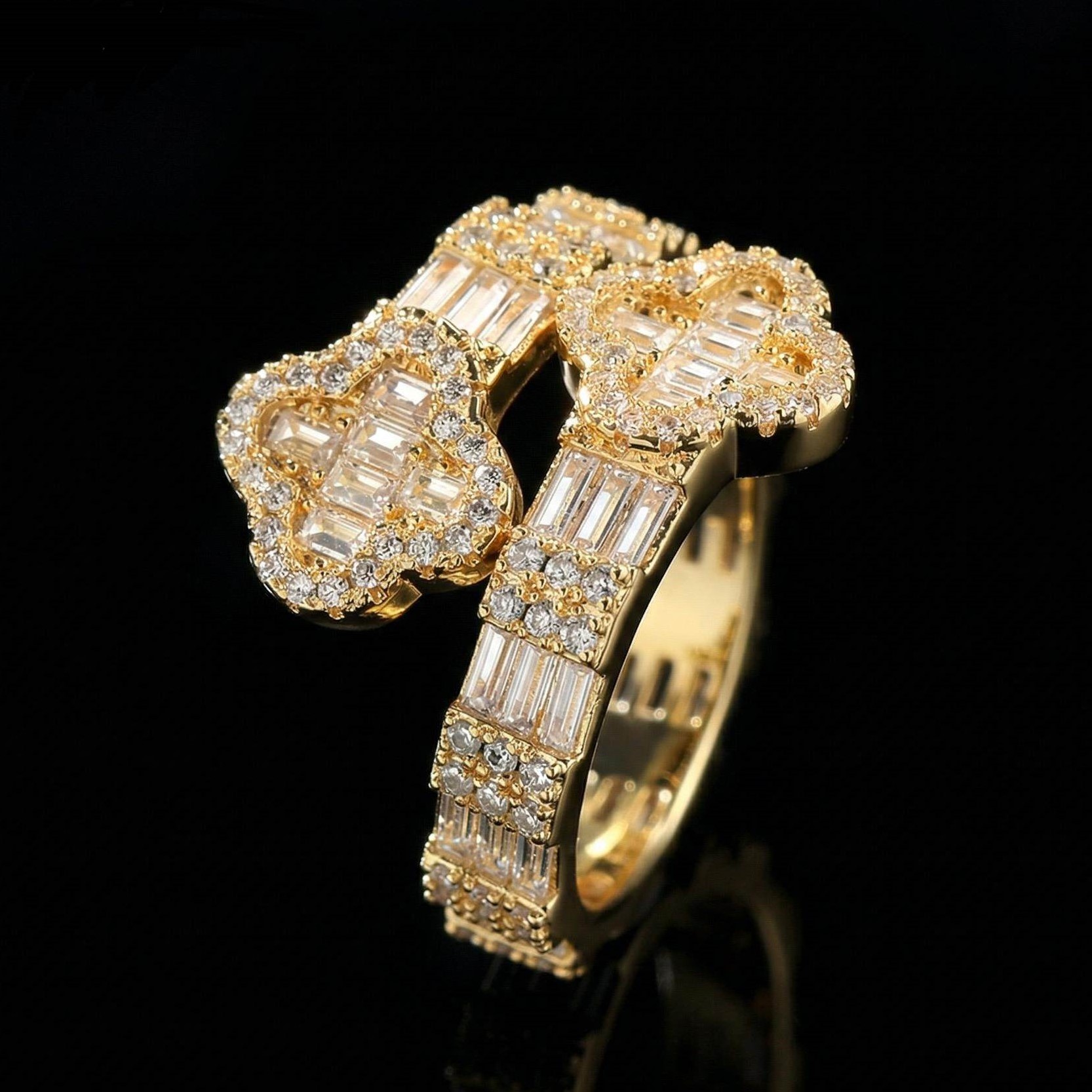 Iced Out Four Leaf Clover Baguette Cut Ring Gold With Street Luxury Shine - Image 3
