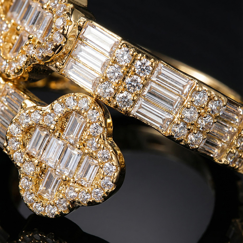 Iced Out Four Leaf Clover Baguette Cut Ring Gold With Street Luxury Shine - Image 4