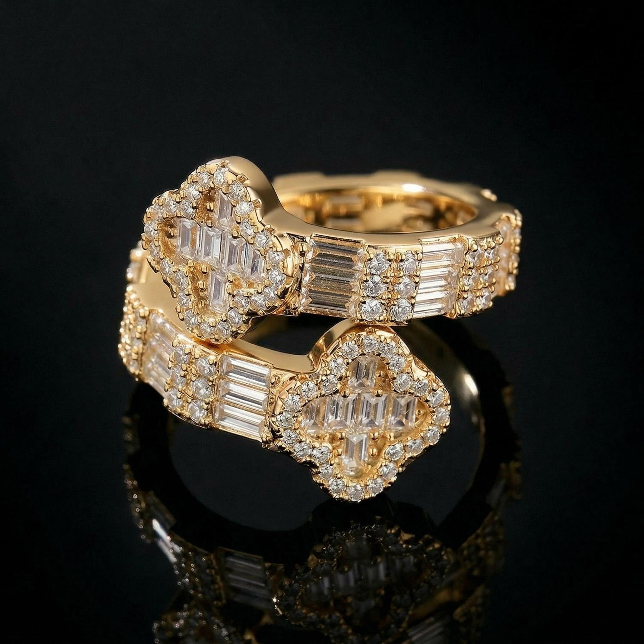 Iced Out Four Leaf Clover Baguette Cut Ring Gold With Street Luxury Shine