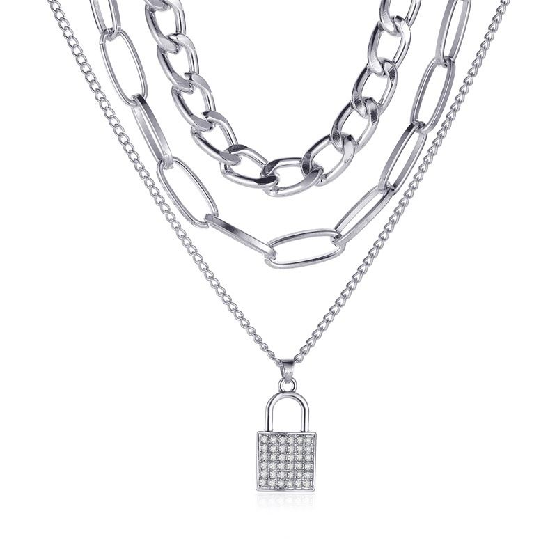 Multilayer Padlock Pendant Chunky Cuban Chain Necklace Silver - Image 3