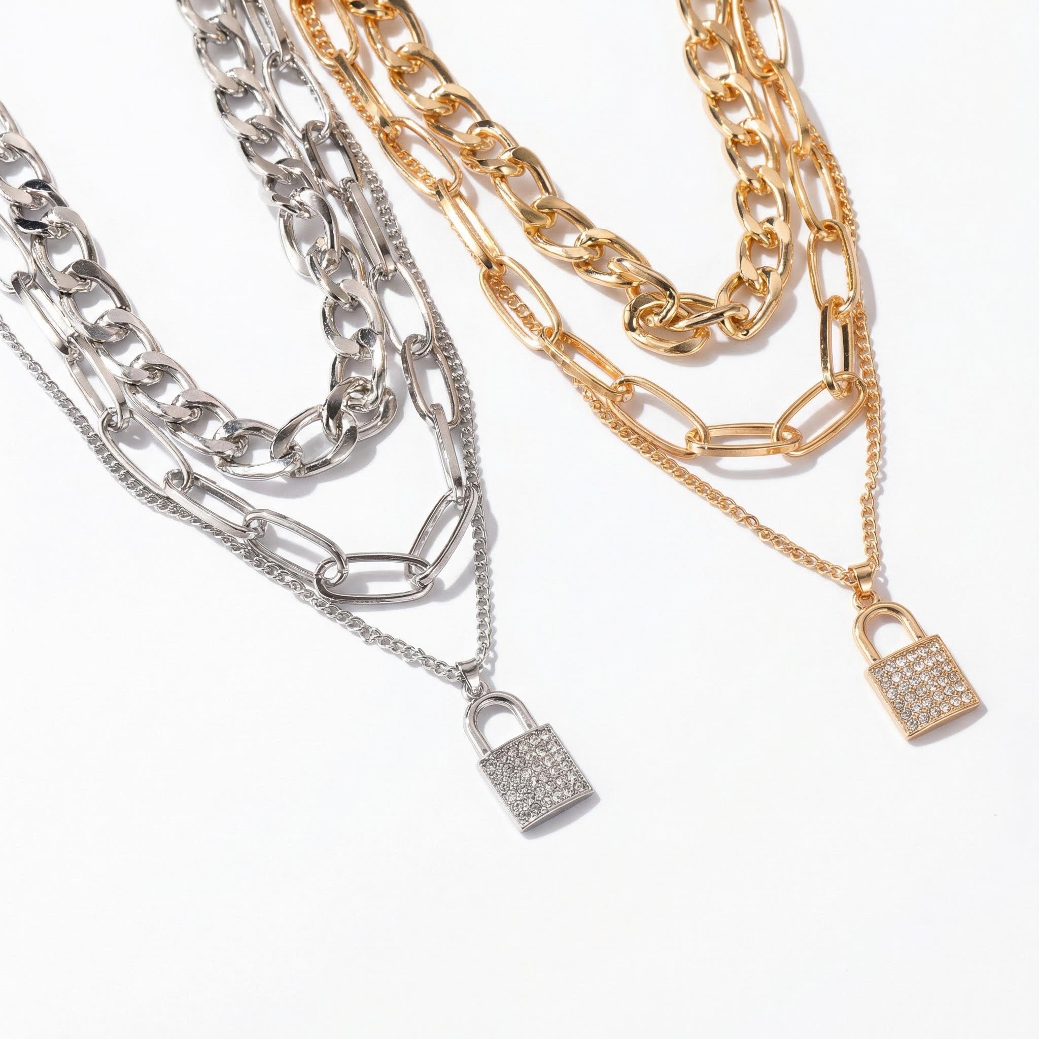 Multilayer Padlock Pendant Chunky Cuban Chain Necklace Silver - Image 5