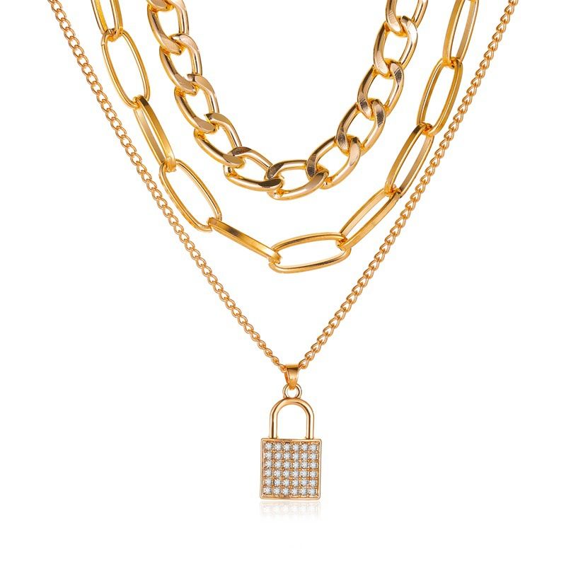 Multilayer Padlock Pendant Chunky Cuban Chain Necklace Silver