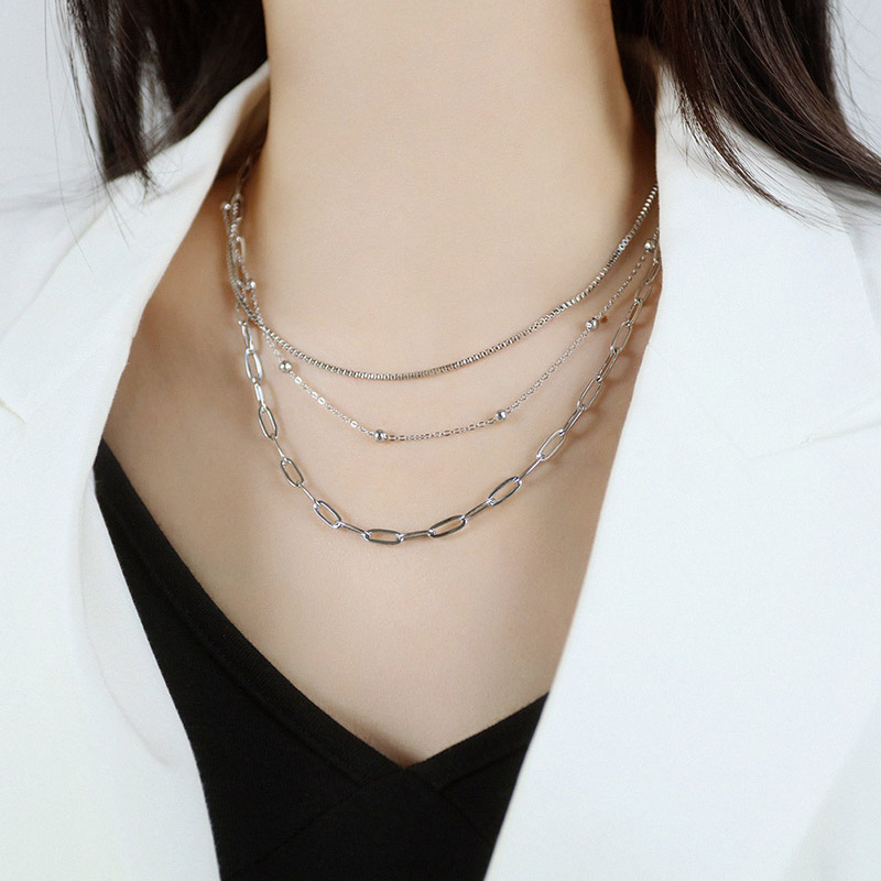 Three Layers Paperclip Chain Necklace Silver With Street Luxury Shine - Image 5
