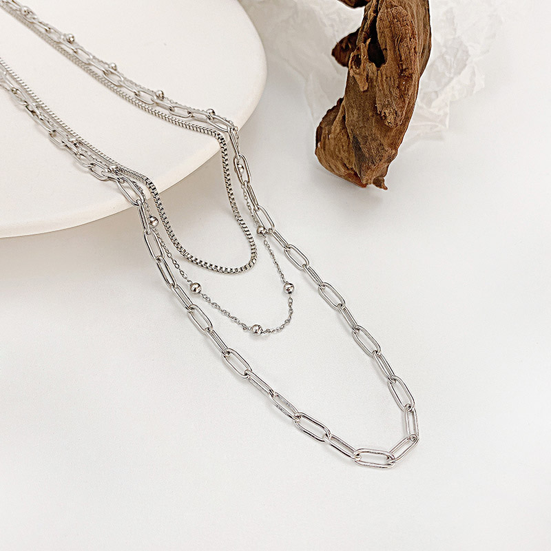 Three Layers Paperclip Chain Necklace Silver With Street Luxury Shine - Image 6