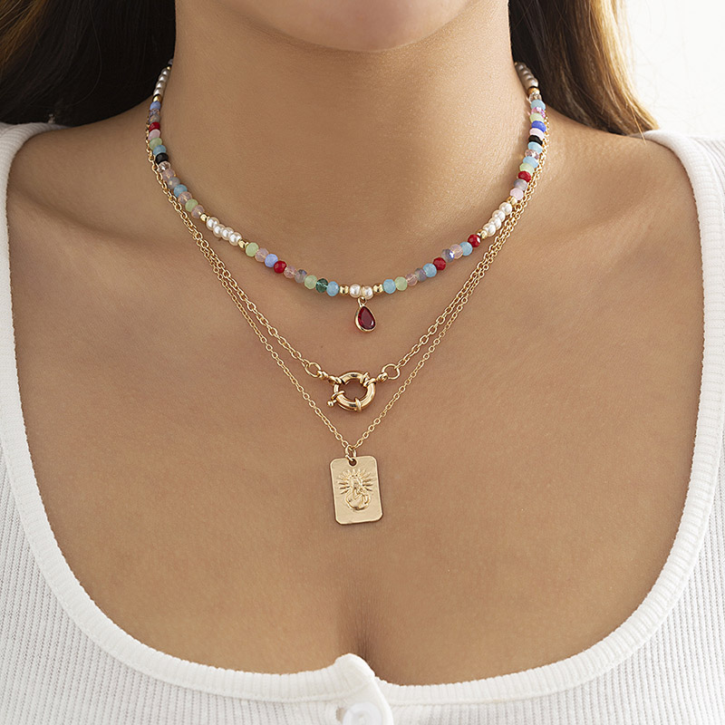Colorful Crystal Chain Choker Beaded Layered Necklace Gold - Image 3