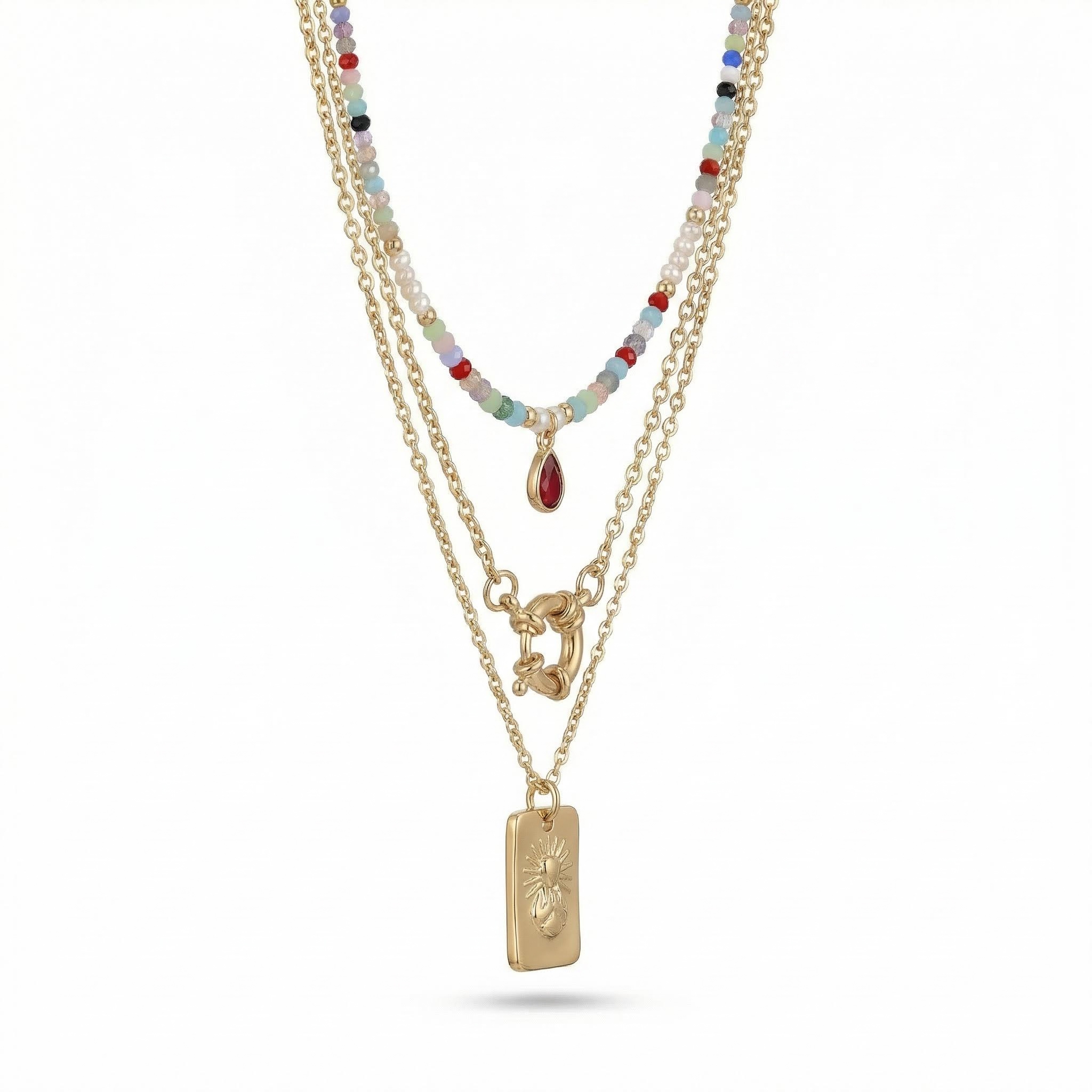 Colorful Crystal Chain Choker Beaded Layered Necklace Gold - Image 4