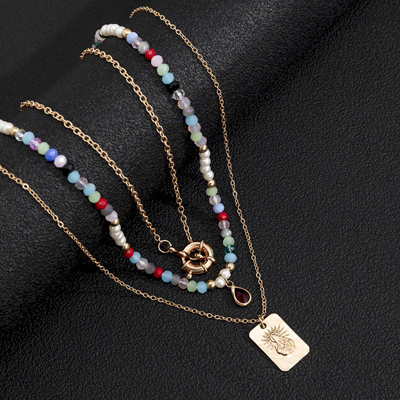 Colorful Crystal Chain Choker Beaded Layered Necklace Gold - Image 5