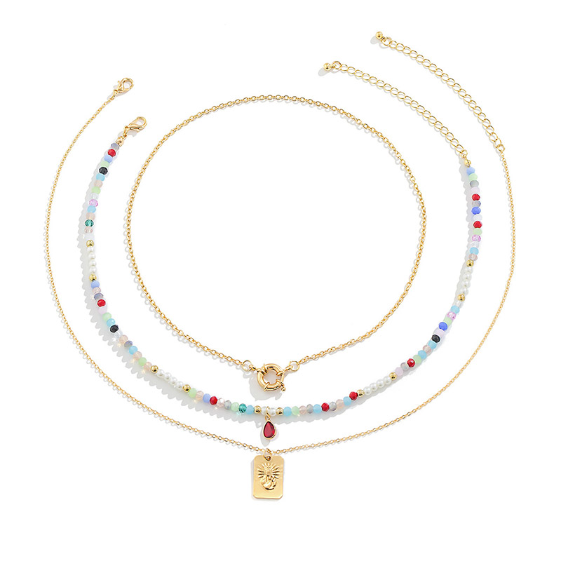 Colorful Crystal Chain Choker Beaded Layered Necklace Gold - Image 6