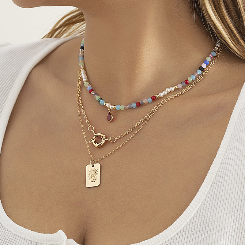 Colorful Crystal Chain Choker Beaded Layered Necklace Gold - Image 7