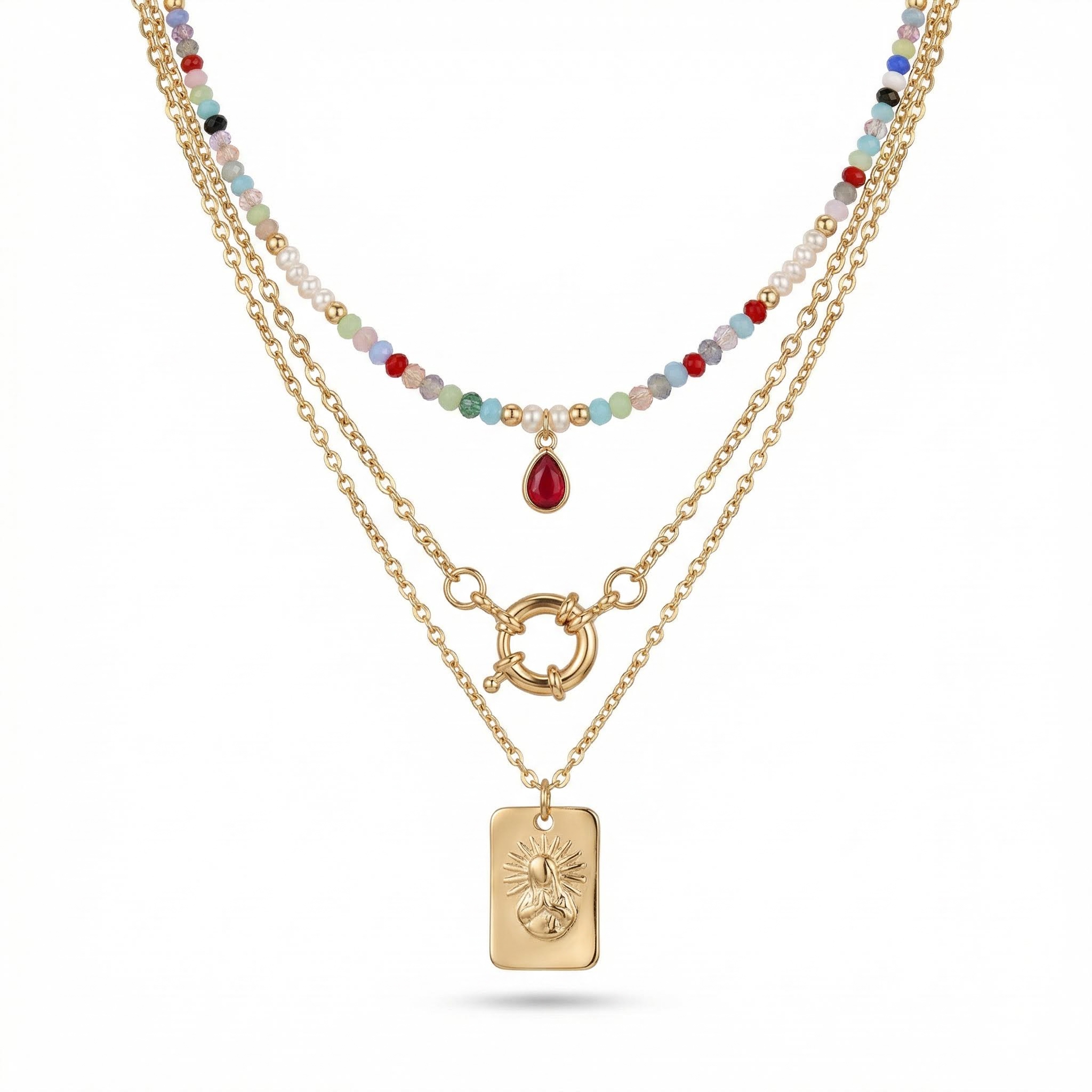 Colorful Crystal Chain Choker Beaded Layered Necklace Gold