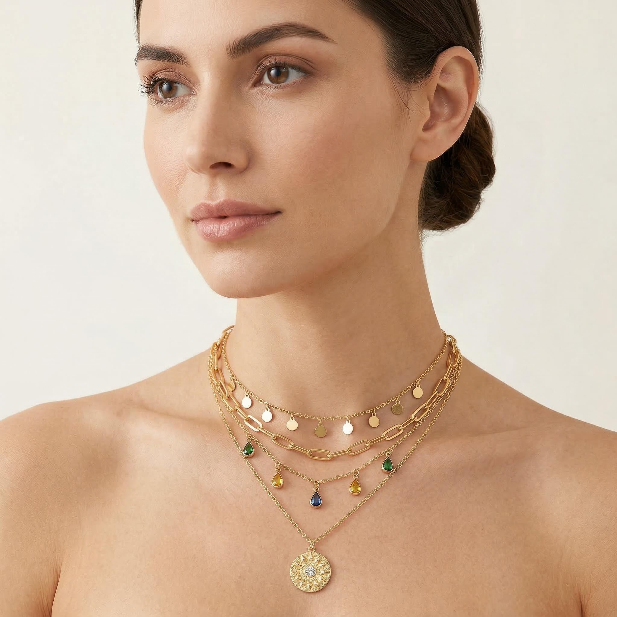 Coin & Colorful Crystal Pendant Layered Necklace With Street Luxury Shine - Image 3
