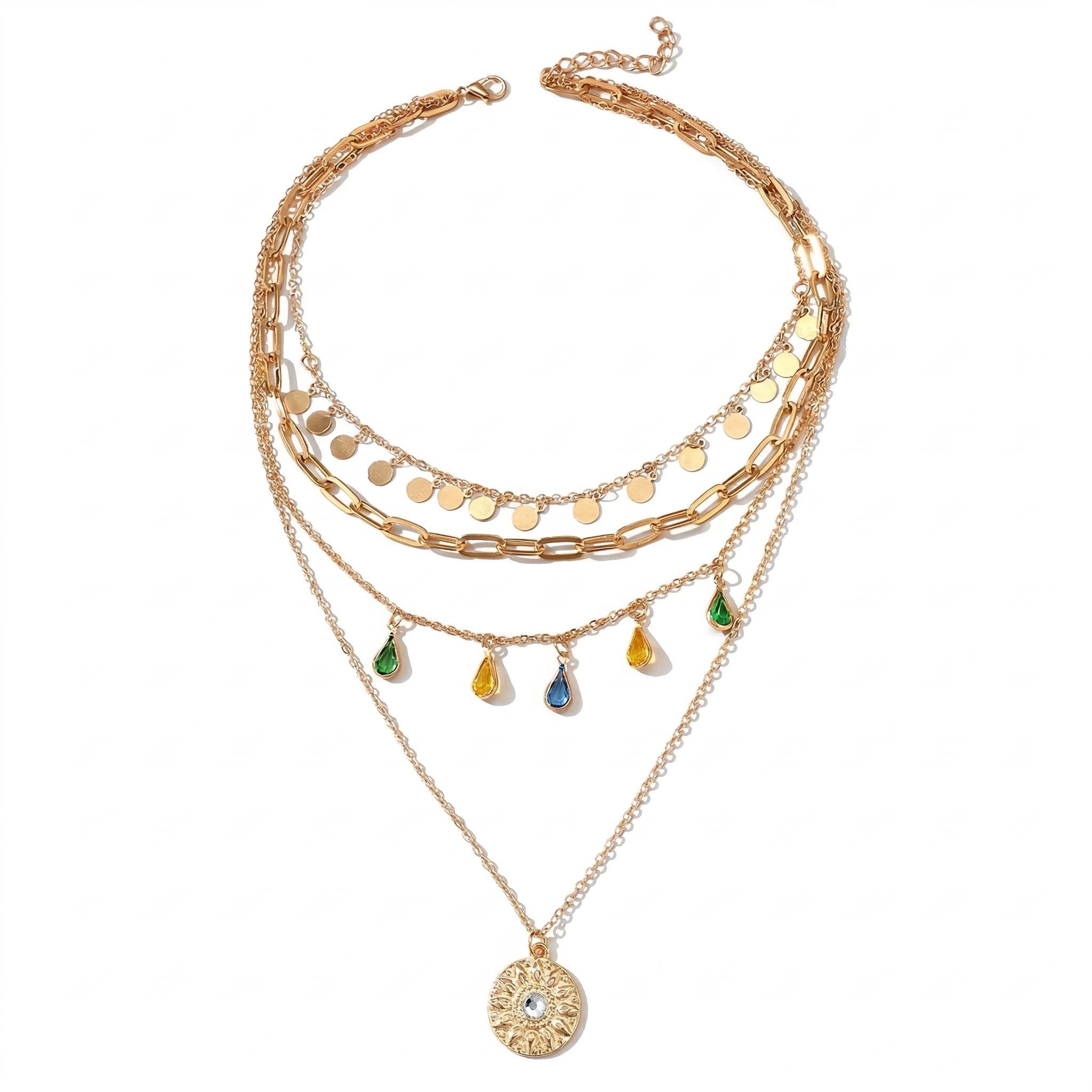 Coin & Colorful Crystal Pendant Layered Necklace With Street Luxury Shine - Image 4