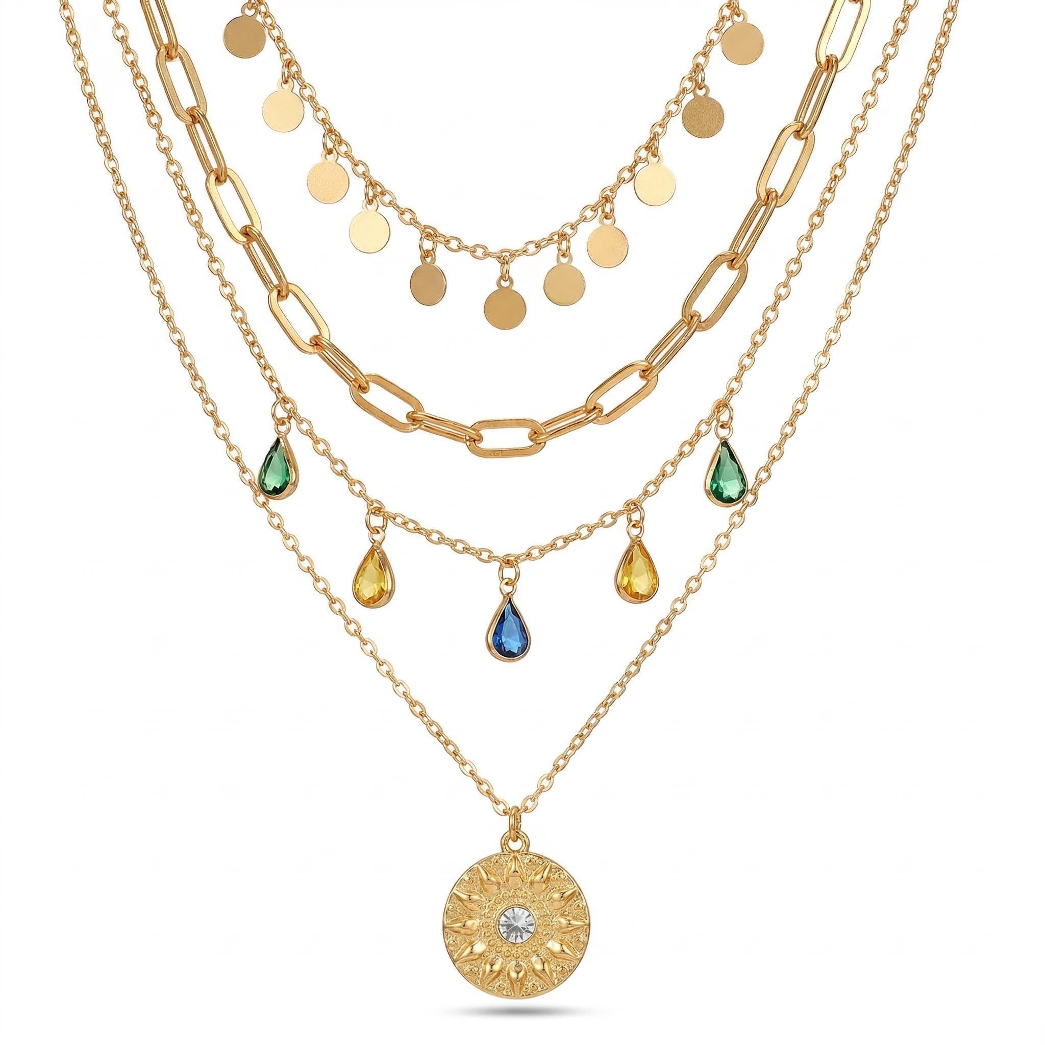 Coin & Colorful Crystal Pendant Layered Necklace With Street Luxury Shine