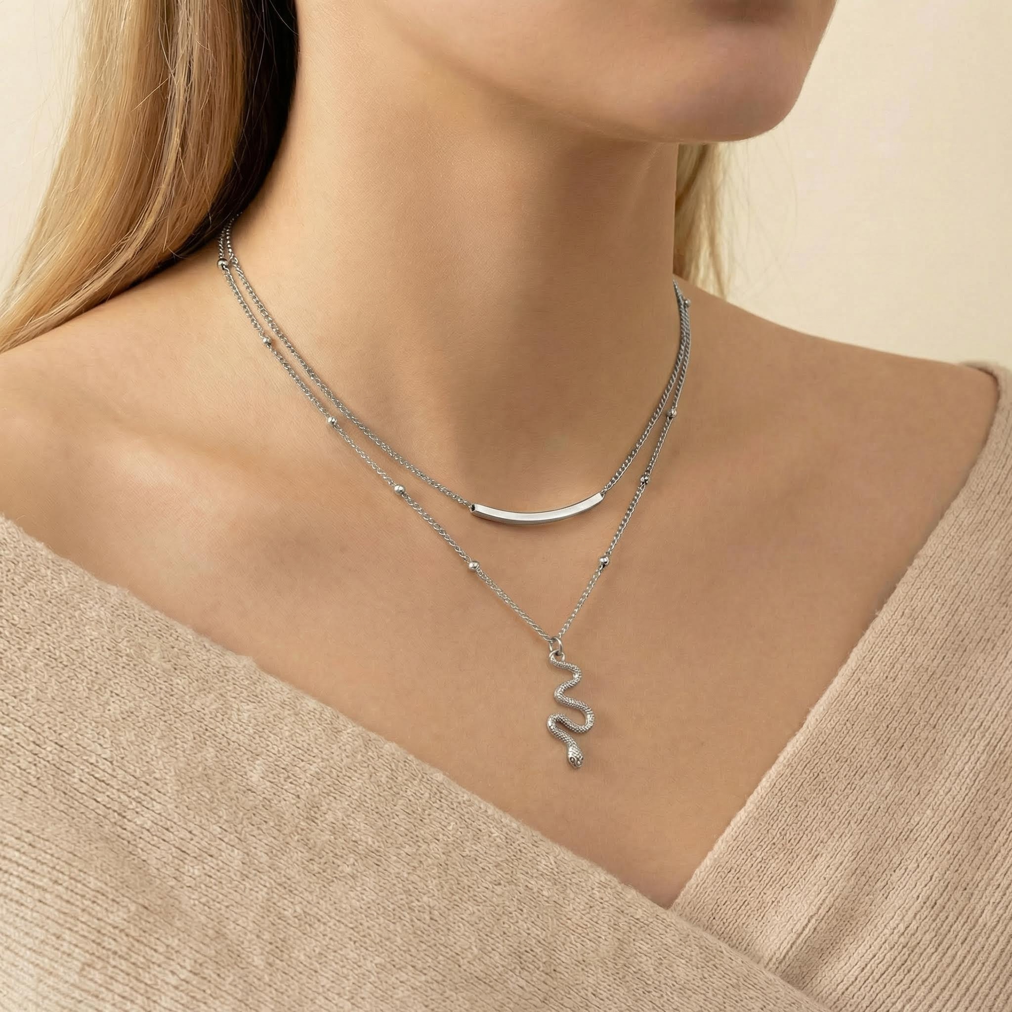 Snake Pendant Beaded Chain Layered Necklace Gold With Street Luxury Shine - Image 3