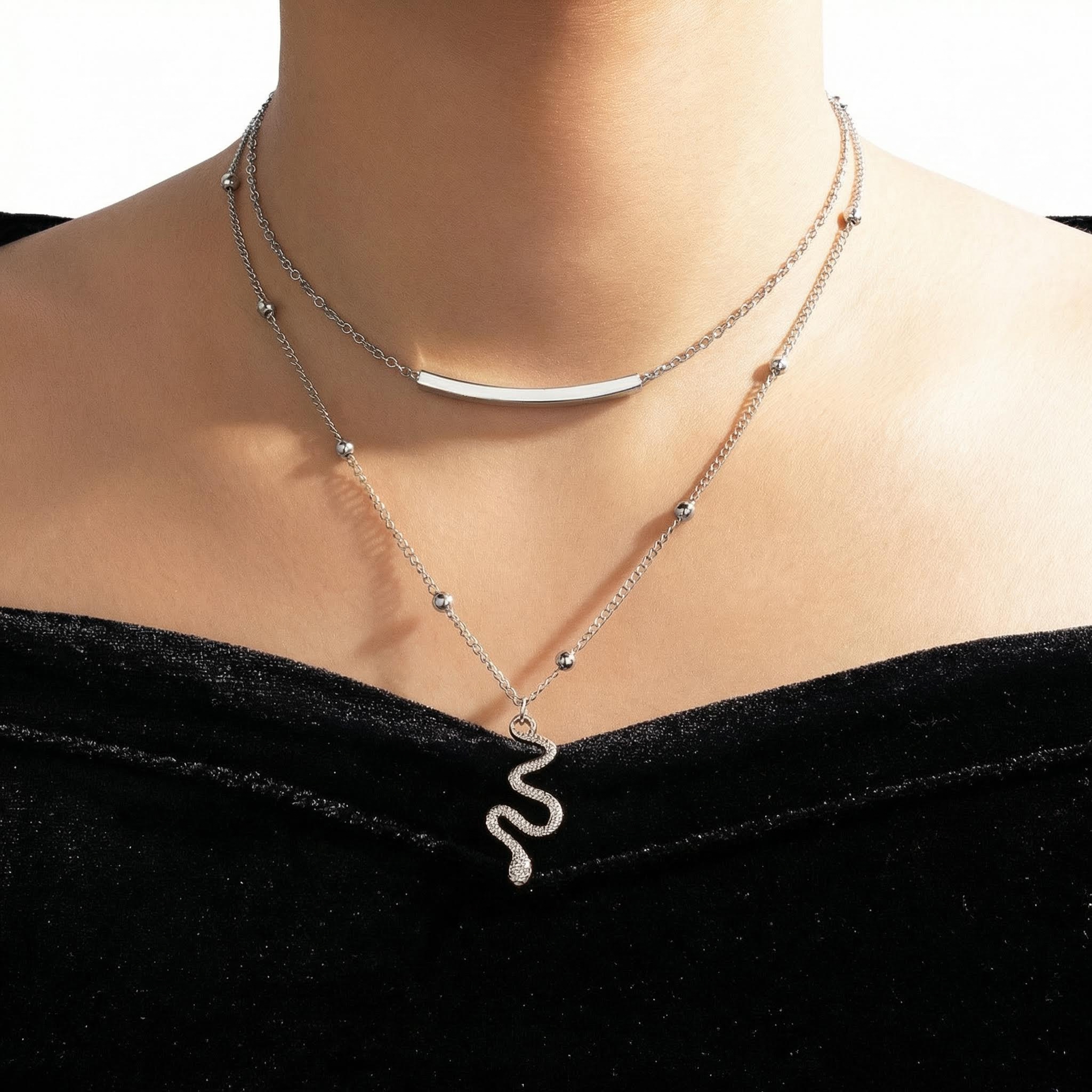 Snake Pendant Beaded Chain Layered Necklace Gold With Street Luxury Shine - Image 8
