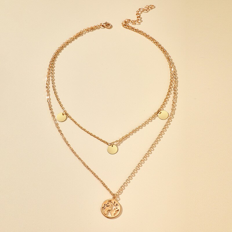 Hollow Out World Map Pendant Wafer Choker Layered Necklace Gold - Image 3
