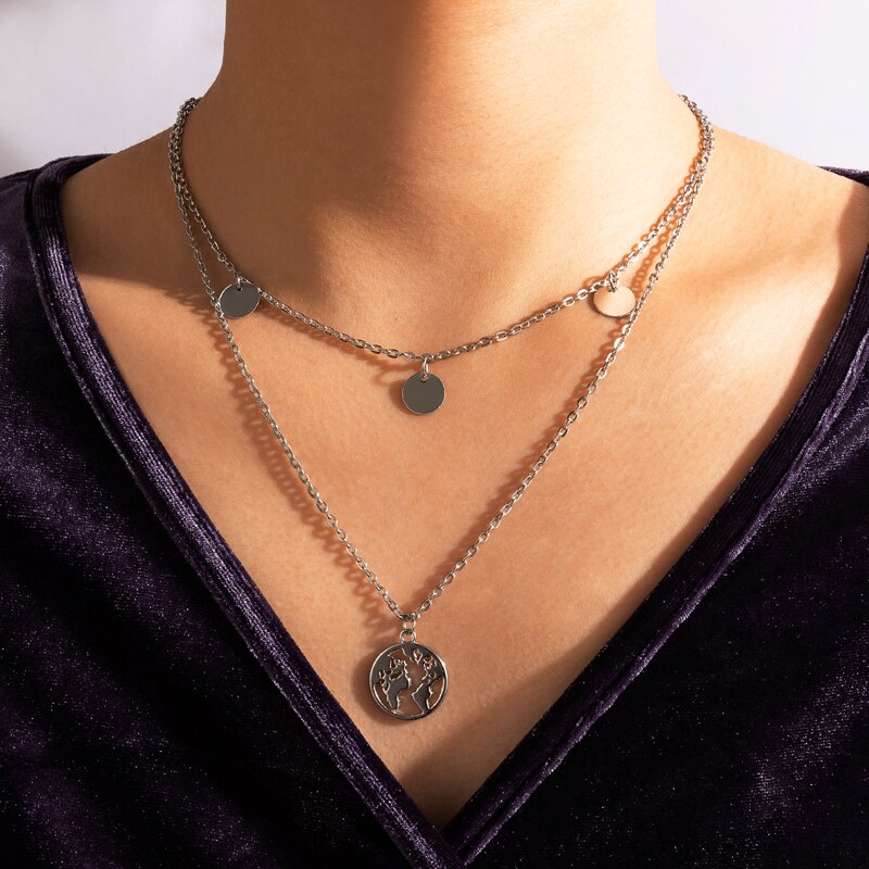 Hollow Out World Map Pendant Wafer Choker Layered Necklace Gold
