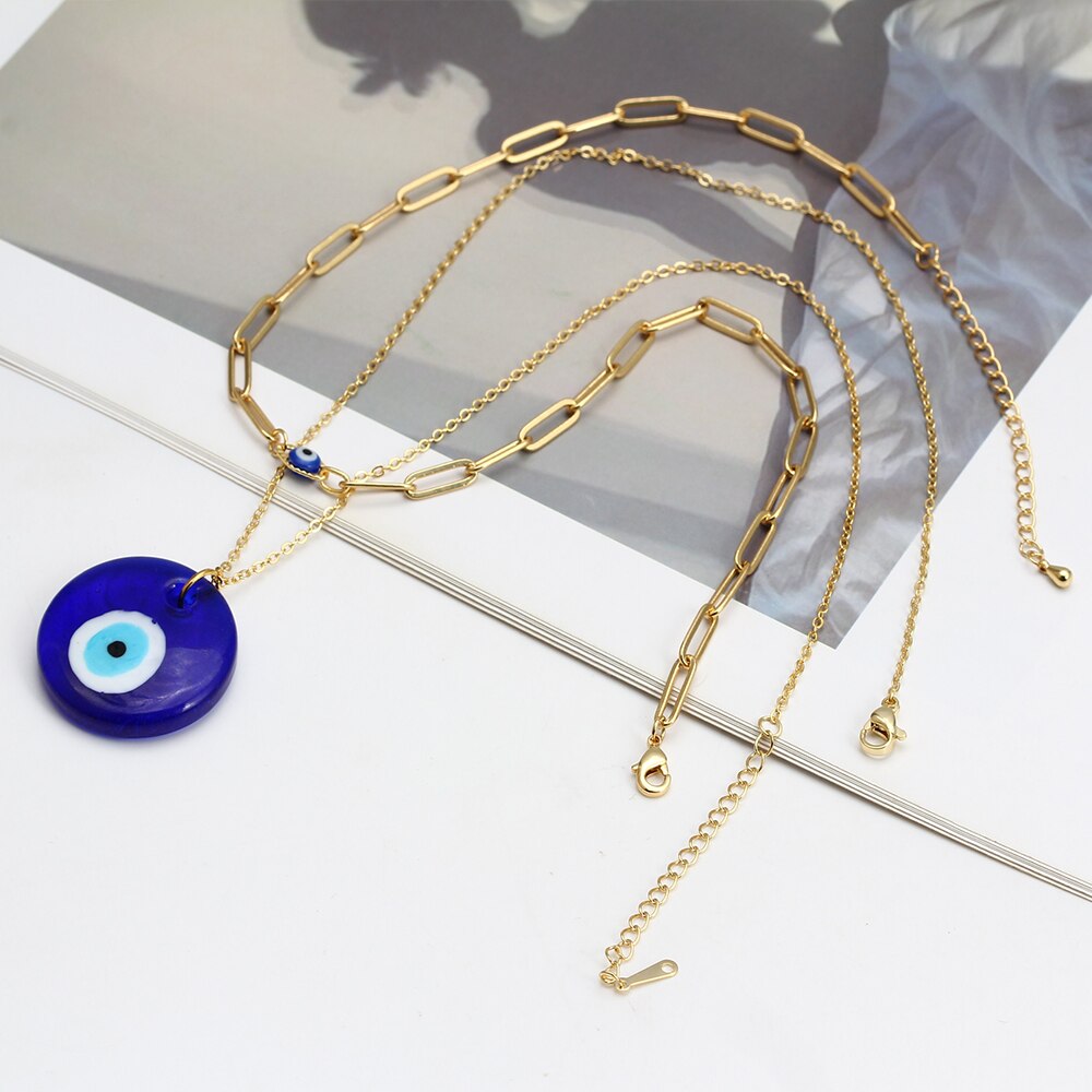 2pcs Blue Evil Eye Pendant Chain Choker Necklaces With Street Luxury Shine - Image 4