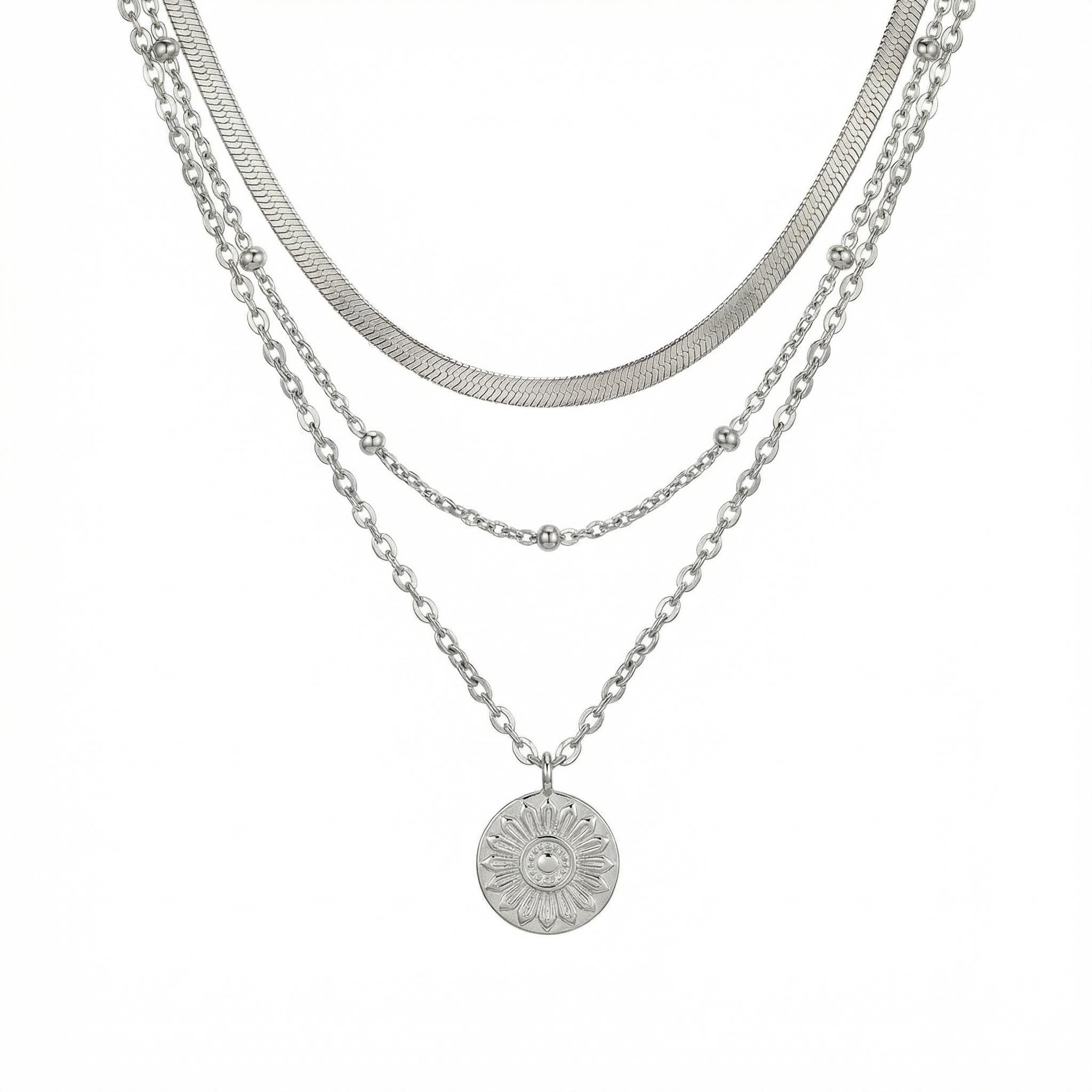 Snake Chain Beaded Chain Coin Pendant Layered Necklace Gold - Image 4