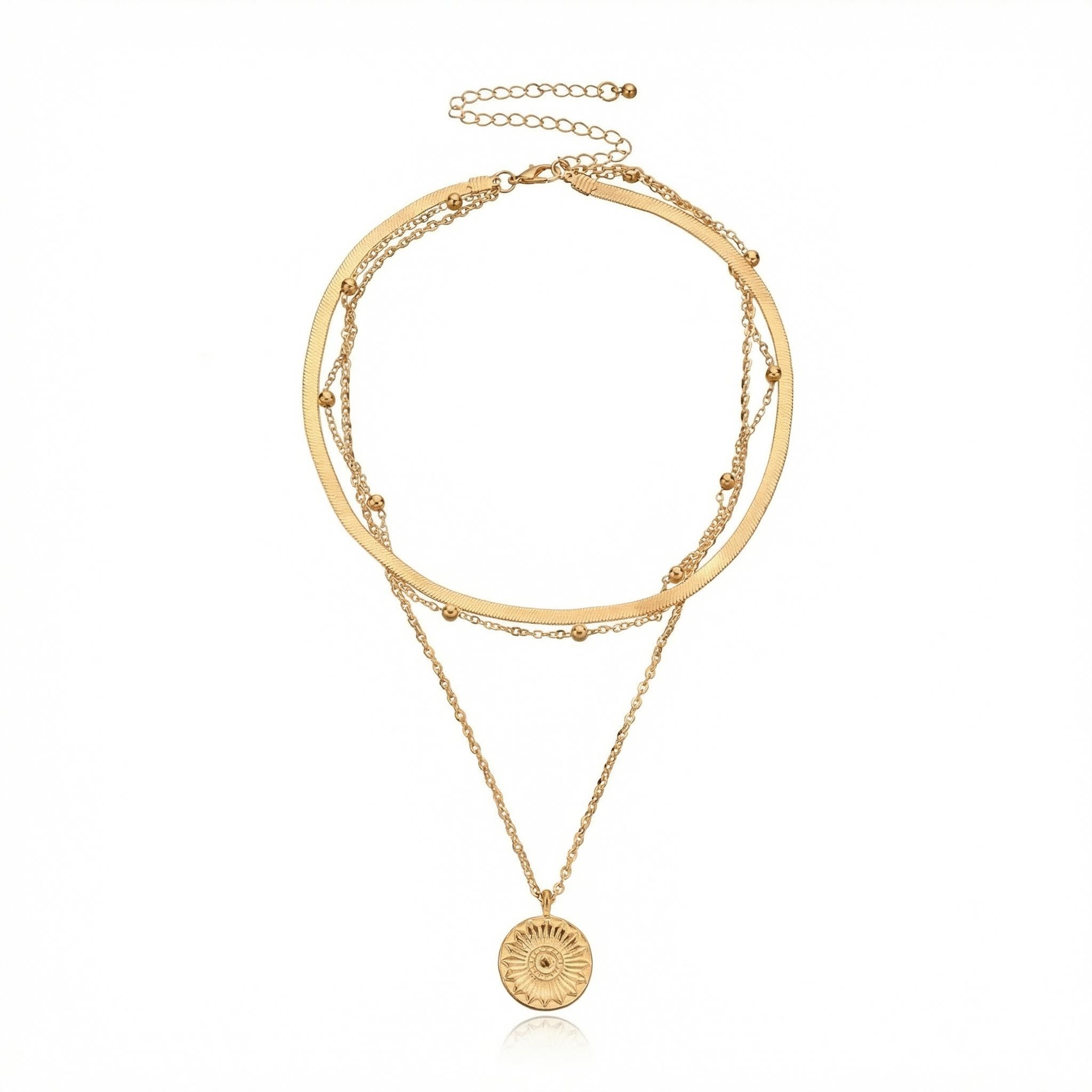 Snake Chain Beaded Chain Coin Pendant Layered Necklace Gold - Image 5