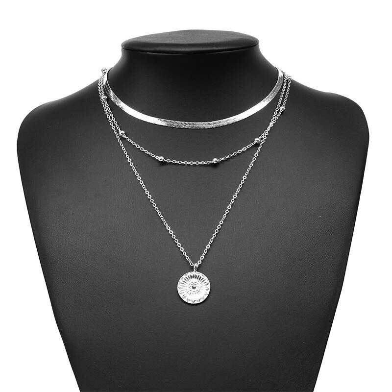 Snake Chain Beaded Chain Coin Pendant Layered Necklace Gold - Image 7