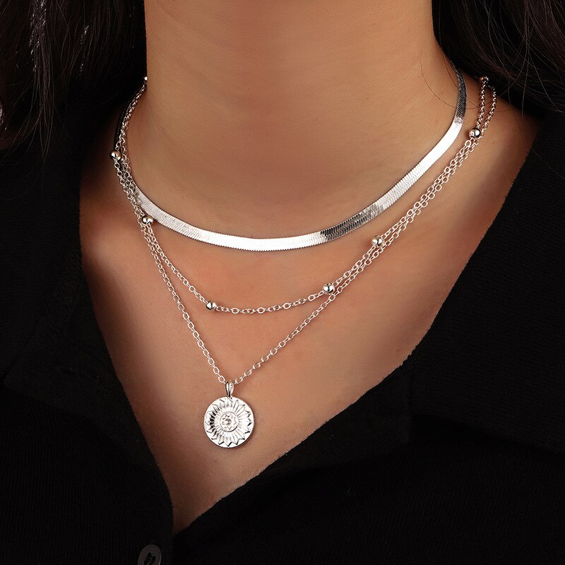 Snake Chain Beaded Chain Coin Pendant Layered Necklace Gold - Image 8