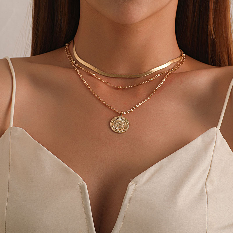 Snake Chain Beaded Chain Coin Pendant Layered Necklace Gold - Image 9