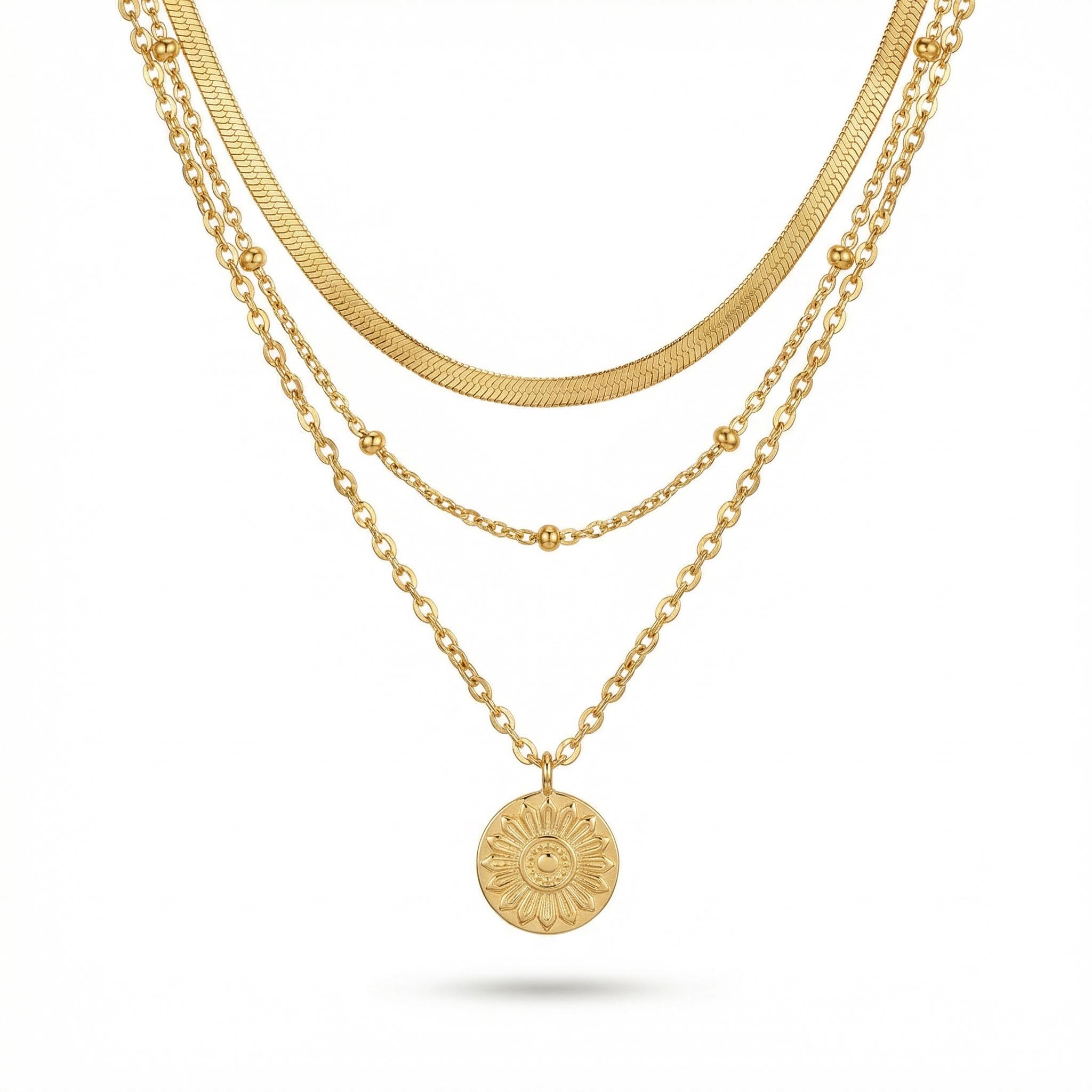Snake Chain Beaded Chain Coin Pendant Layered Necklace Gold