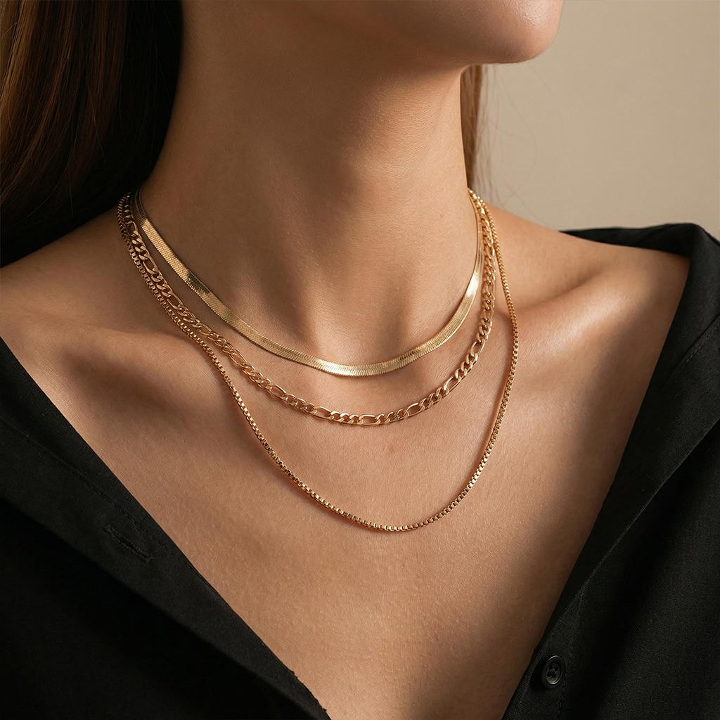 Snake Chain Twisted Rope Chain Figaro Chain Layered Necklace Gold - Image 4